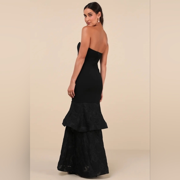 Lulus Immense Drama Black Strapless Tiered Jacquard Maxi Dress M Wedding Prom - Picture 4 of 9